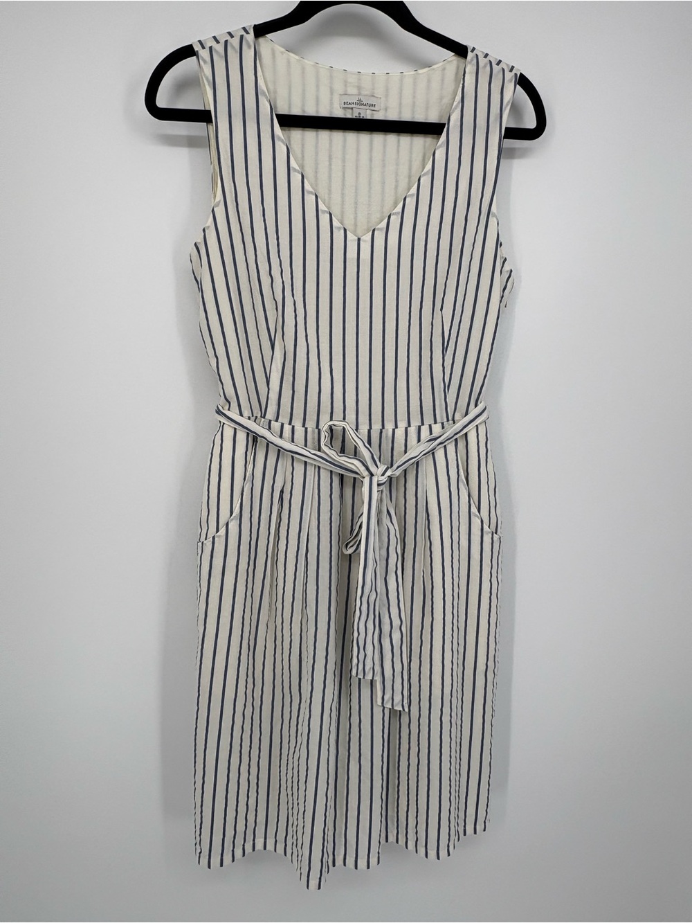 L.L. Bean Signature Dress Cream with Navy Stripes - Midi Tie Waist Women’s 8